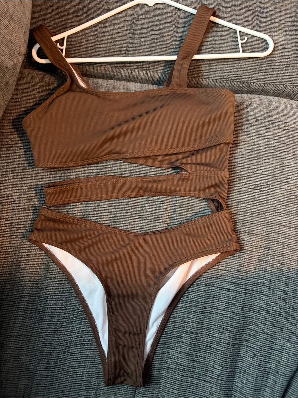 Women's Brown Ribbed One-Piece Swimsuit with Cutouts